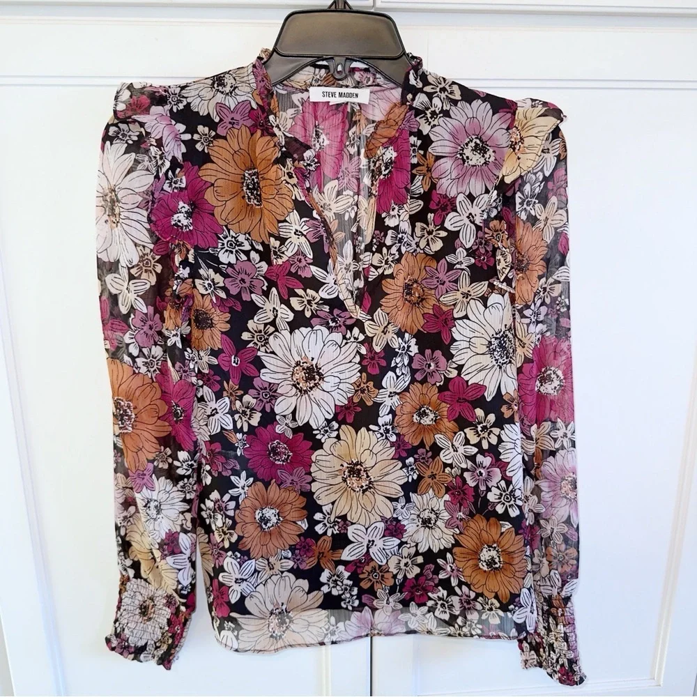 Steve Madden Floral Me Not Top Women's Blouse Multicolor Red Small CottageCore